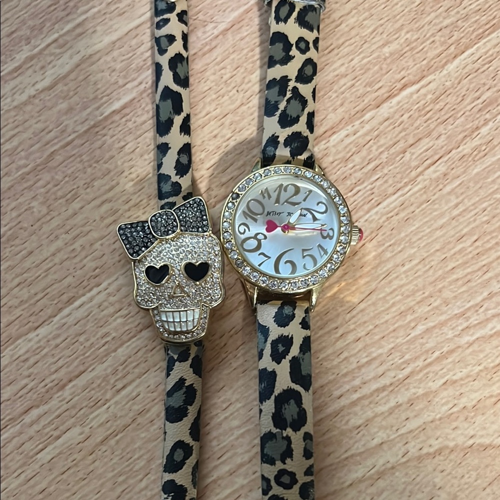 Betsy Johnson Leopard Print Watch with Skull Charm